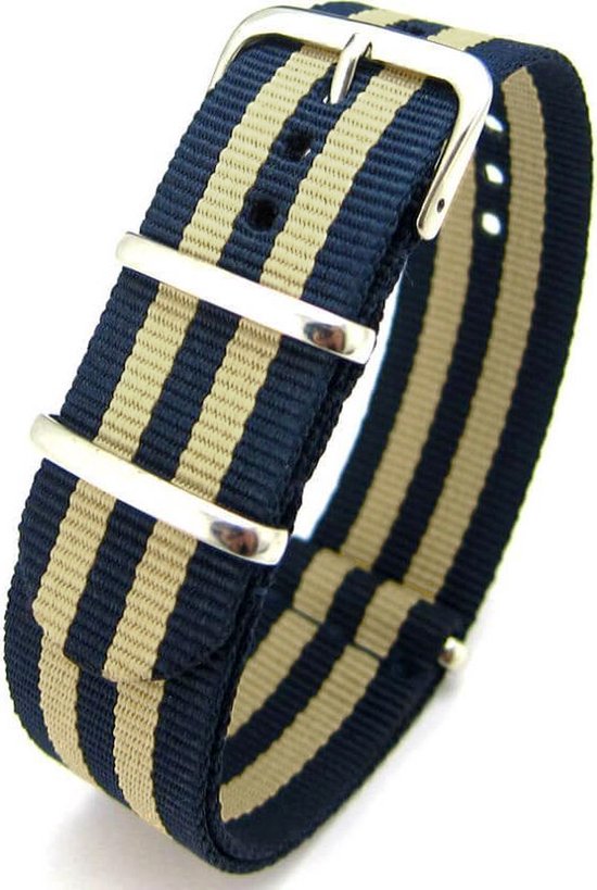 Premium Navy Blue Beige - Nato strap 20mm - Stripe - Horlogeband Navy Blauw Beige