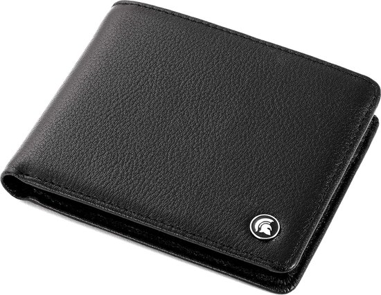 Portefeuille noir en cuir, plié en deux avec un logo imprimé sur le devant.
