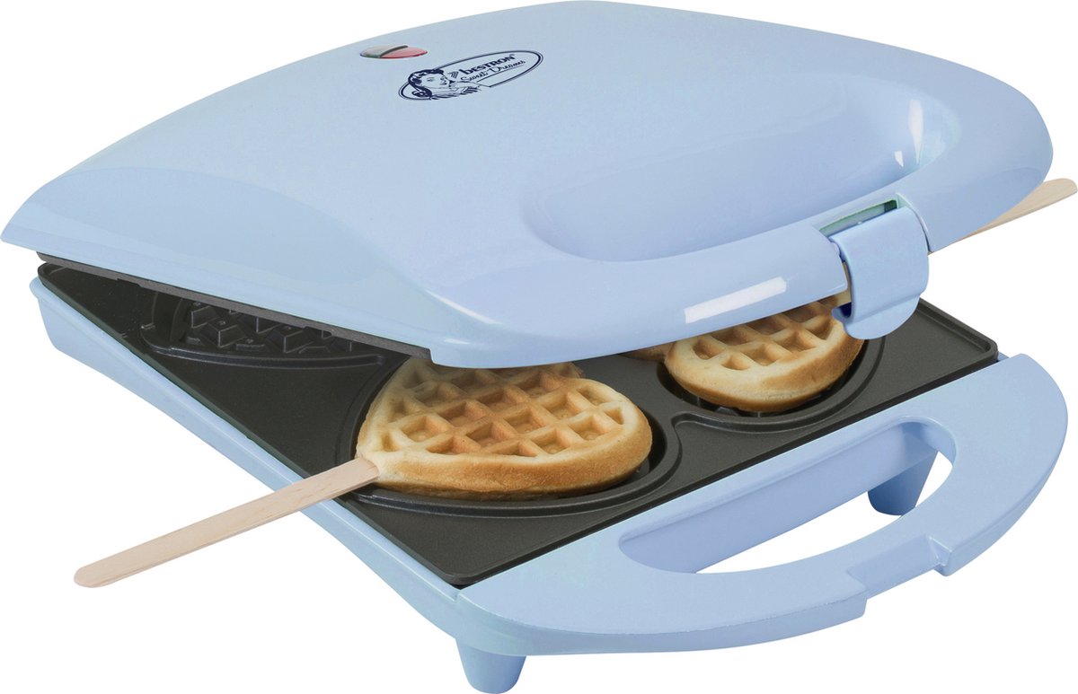 Bestron Wafelijzer voor hartvormige Wafels Wafelijzer hartvorm op een stokje Wafelmaker met antiaanbaklaag & indicatielampje incl. 20 houten stokjes kleur: Blauw