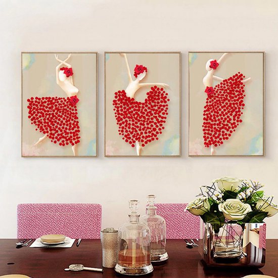 Allernieuwste.nl® SET de 3 peintures sur toile * Fleurs dansantes Ballerine Rouge * - Art sur votre mur - Moderne - Couleur - ENSEMBLE de 3 pièces - 30 x 40 cm