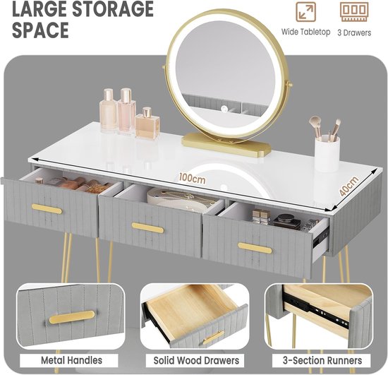 Devoko Kaptafel met spiegel, led-verlichting en stopcontact, instelbare