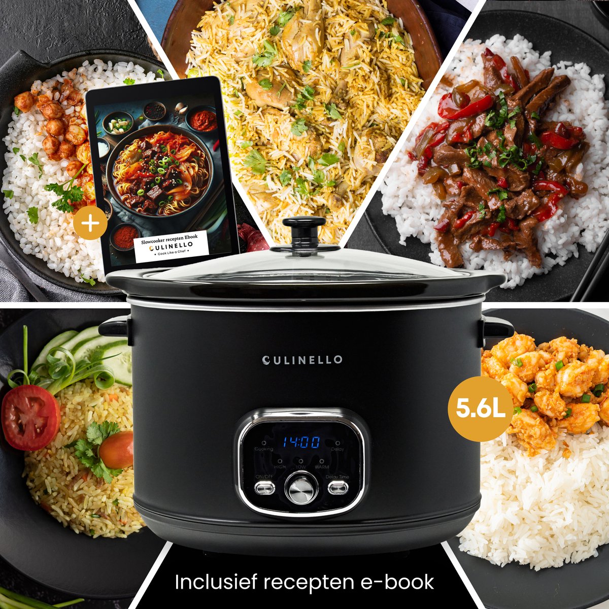 Culinello® Digitale Slowcooker met Timer – 5.6 Liter – Incl. Digitaal Slowcooker Kookboek – Uitstelbare Timer – Programmeerbare Timer – Multicooker – Rice cooker – Rijstkoker – Slow Cooker – Uitneembare Keramische Binnenpan – 3 Warmtestanden – Zwart – foto 8