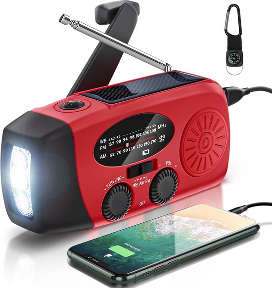 Noodzwengelradio Met Zonnepaneel – 2000 MAh Powerbank – AM/FM – SOS-alarm – Waterdicht – Voor Thuis, Kamperen En Noodgevallen