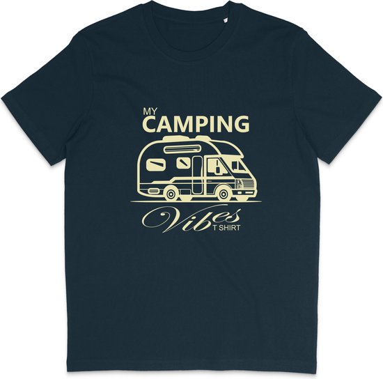 T-shirt bleu foncé avec un imprimé crème d'un camping-car et le texte "MY CAMPING Vibes T SHIRT".
