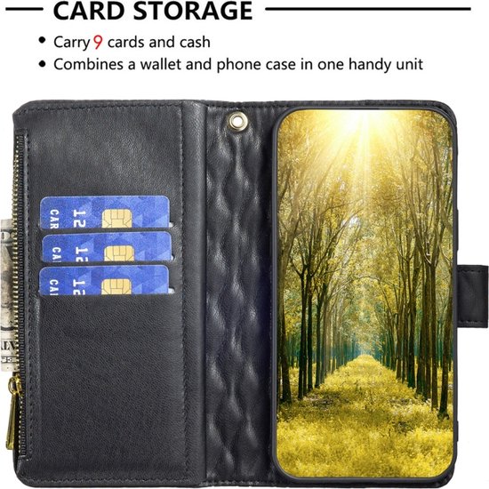 Samsung Galaxy A35 - Portefeuille avec fermeture éclair - book case cover - espace pour 9 cartes - diamant noir