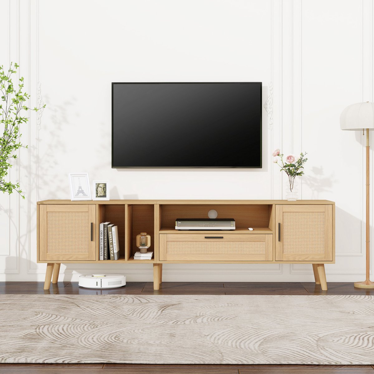 Sweiko Ruime 180-cm TV kast met rotan decoratie, 2-deuren en een lade, massief houten pote