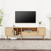 Sweiko Meuble TV spacieux de 180 cm avec décoration en rotin, 2 portes et un tiroir, pieds en bois massif, offre de l'espace pour une télévision de 80 pouces, meuble de rangement TV, meuble TV