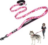 Verstelbare handenvrije hondenriem voor wandelen en rennen met een gevoerde veiligheidshandle en stevige karabijnhaak voor kleine, middelgrote en grote honden. (Camo roze)