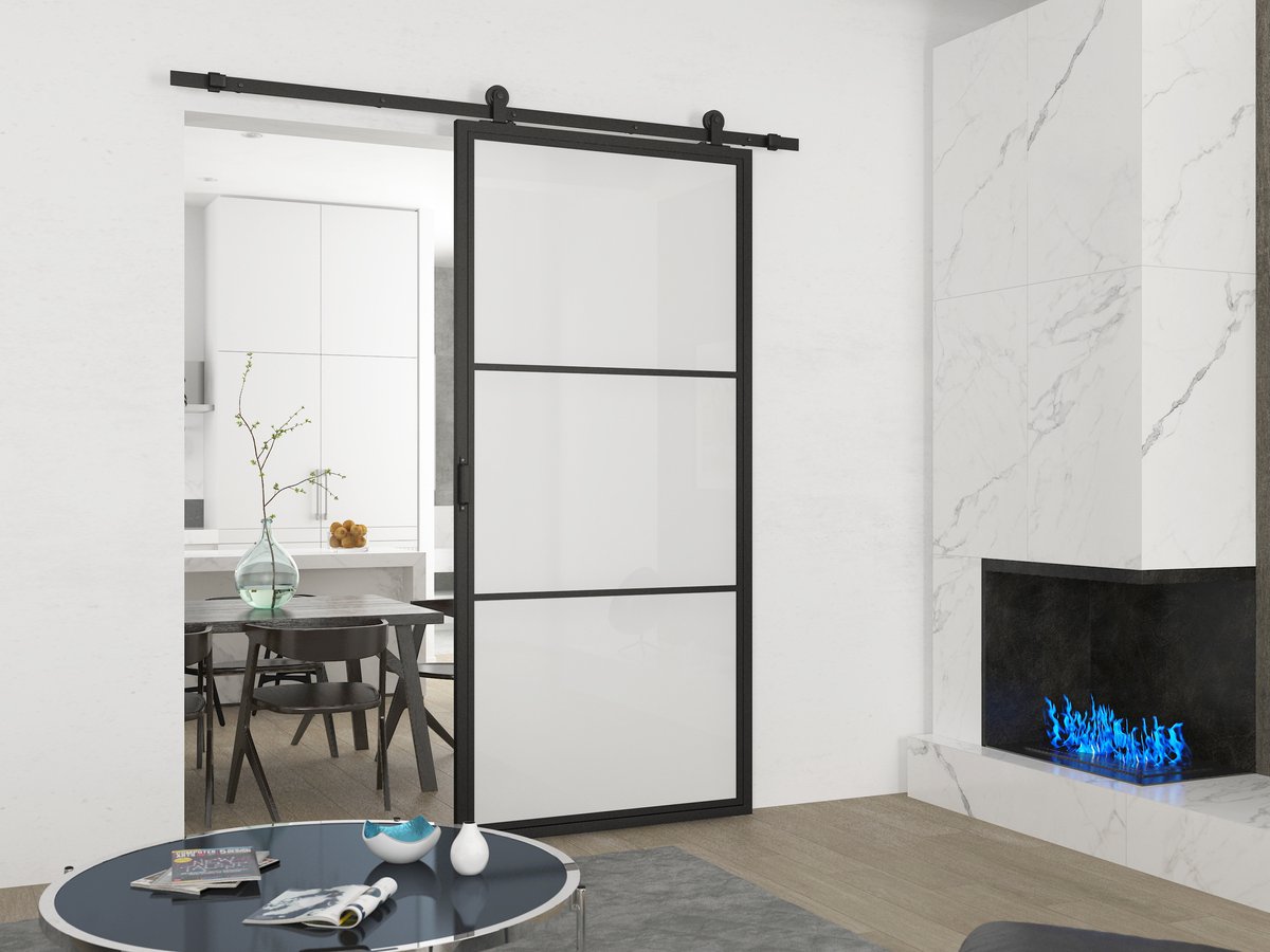 Barnwoodweb Industriële Schuifdeur - Staal & Melkglas - 3 Vaks - 100x235 cm - Incl. Schuifdeursysteem & Handgreep