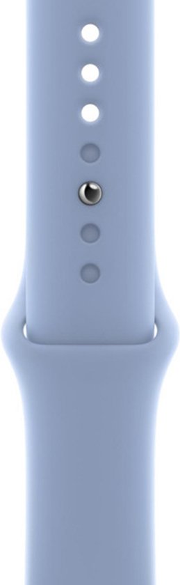 Detail van de sluiting van een blauwgroen Apple Watch sportbandje.