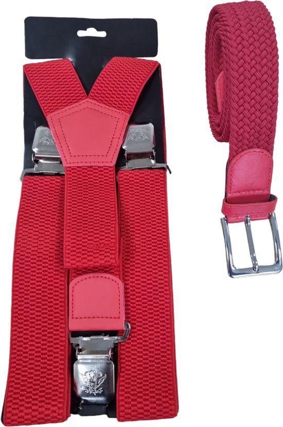 Rode bretels met 3 stalen clips plus Rood Elastische Comfort Stretch Riem 120 cm