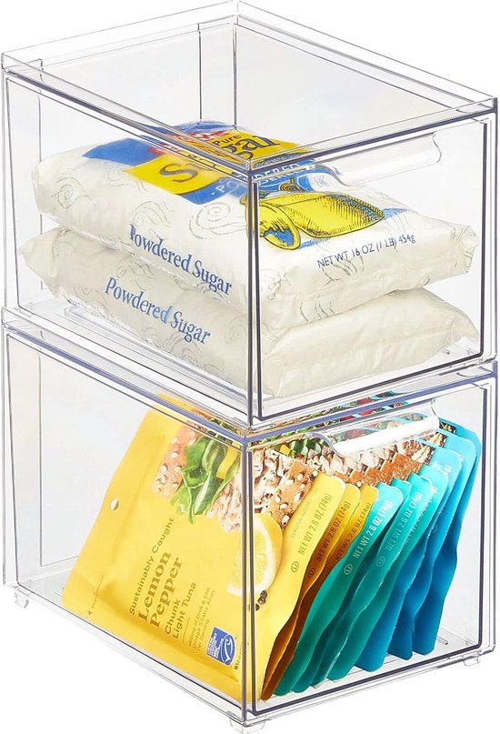 Schuifladenbox – stapelbox van kunststof voor keuken- en koelkast – keukenorganizer voor snacks, pasta, groenten enz. – set van 2 – doorzichtig