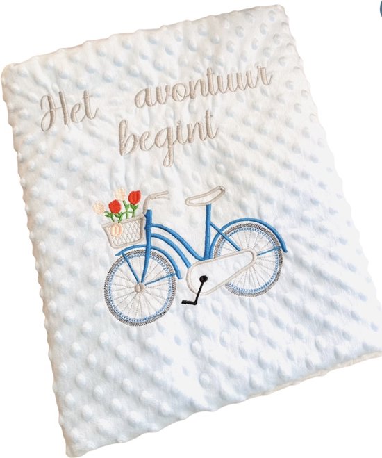 Personalized blue baby blanket with a bicycle and dedication embroidered