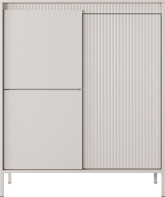 Hoge ladekast - 3 deuren - Metalen poten - Ruime planken - Beige kleur - 104 cm