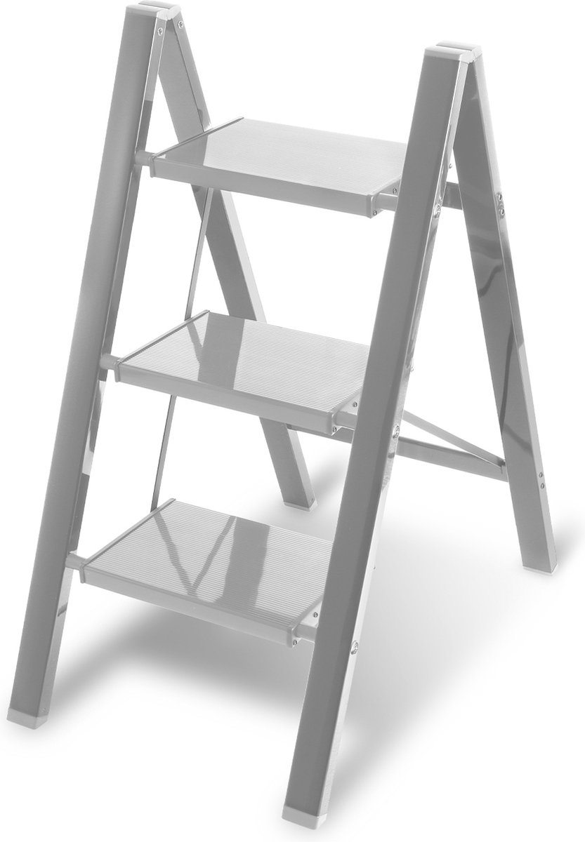 Trapladder Opvouwbare ladder 3 Treden Keukentrap Inklapbaar - Anti-Slip - Trap Ladder Alu zilverachtig