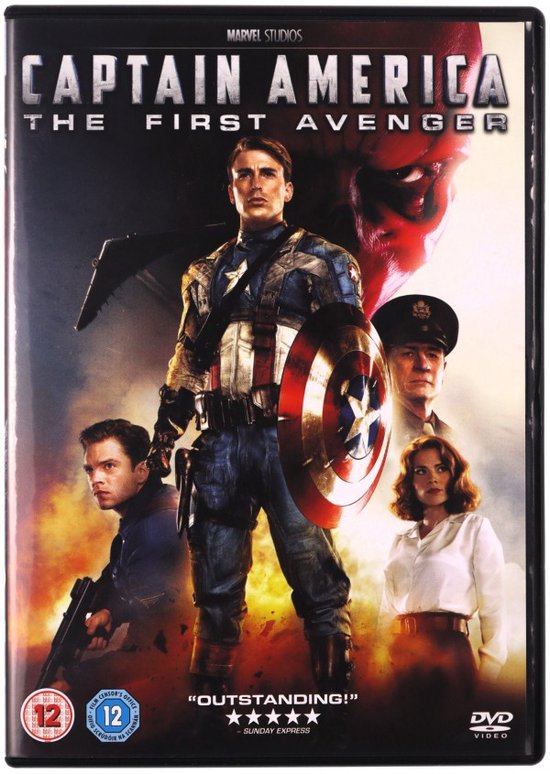 Captain America met schild, vergezeld van Bucky Barnes en Peggy Carter, op de voorkant van de DVD-hoes.