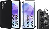 Hoesje geschikt voor Samsung Galaxy A55 - Screenprotector Volledig Dekkend Glas & Camera Protector - Mat Back Case Zwart