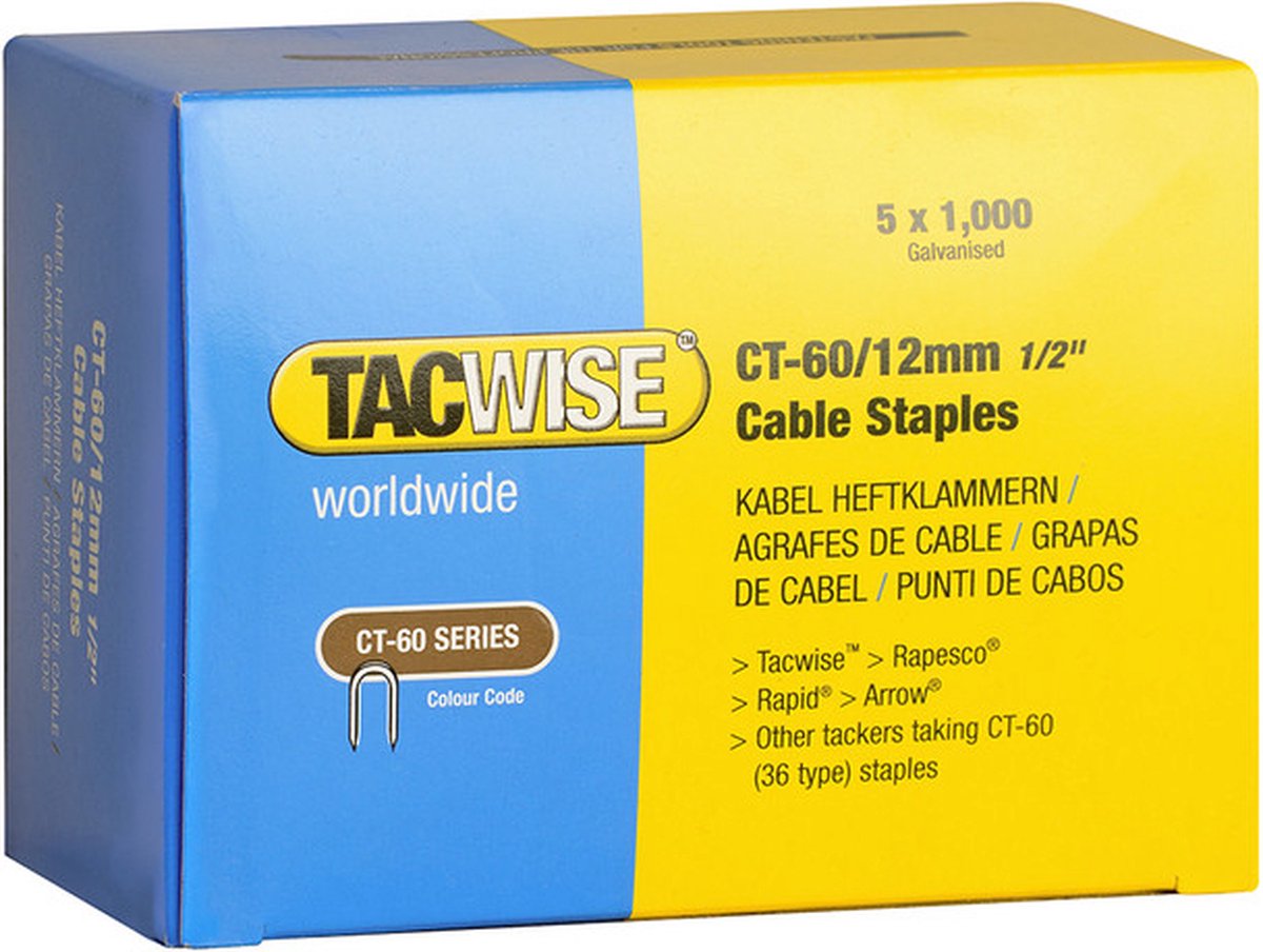 Tacwise kabelnieten voor tacker - Type CT60 - 12 mm - Gegalvaniseerd - 5000 stuks