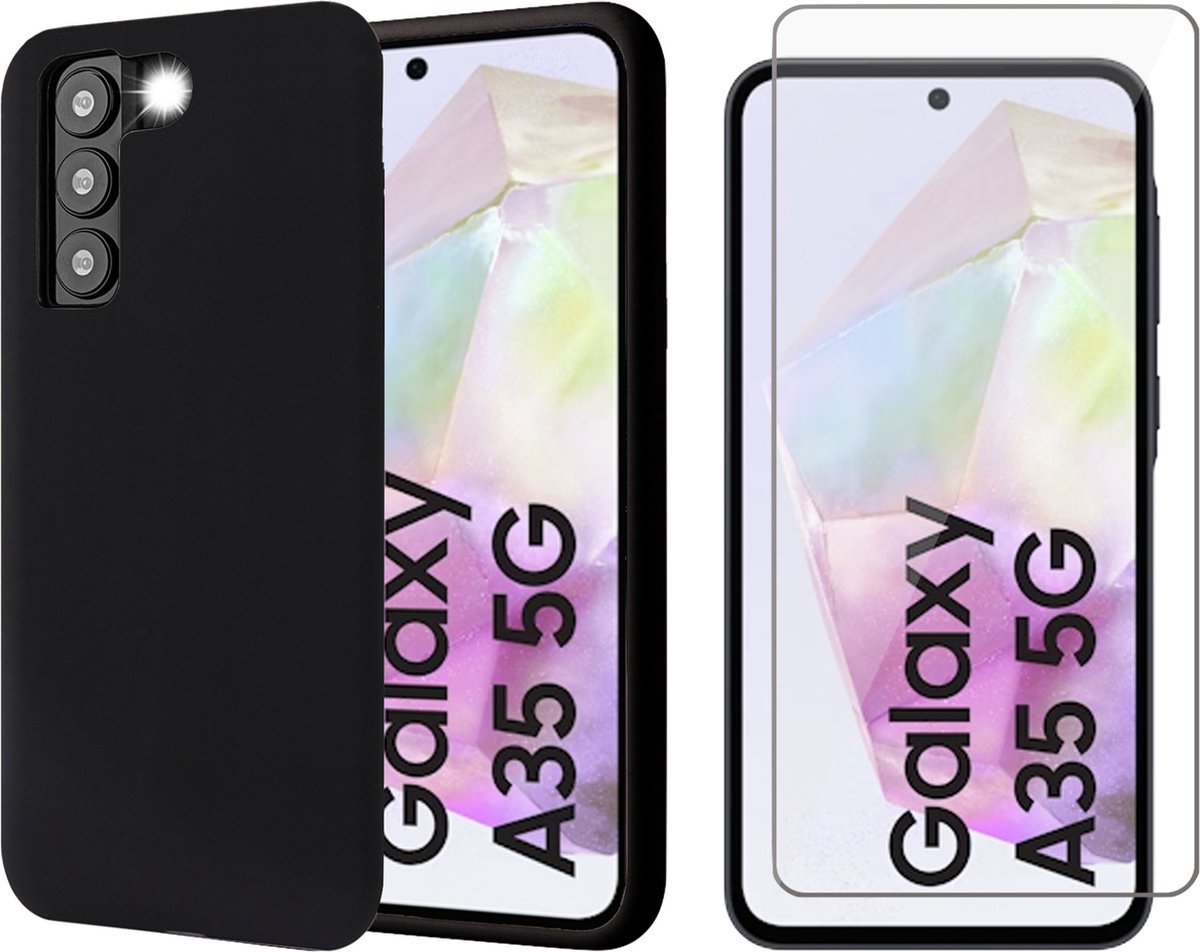 Hoesje geschikt voor Samsung Galaxy A35 - Screenprotector Glas - Mat Back Case Zwart
