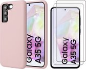 Hoesje geschikt voor Samsung Galaxy A35 - 2x Screenprotector Glas - Mat Back Case Roze