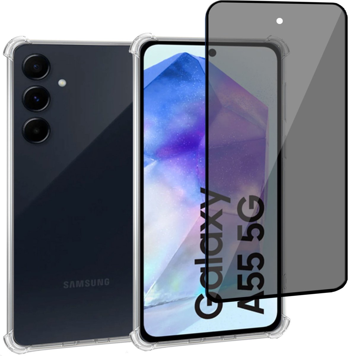 Geschikt voor Samsung Galaxy A55 - Hoesje + Privacy Screenprotector – Privé - Gehard Glas Cover