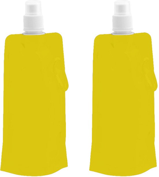 Drinkfles/bidon - 2x - geel - navulbaar - opvouwbaar met haak - 400 ml - festival/outdoor