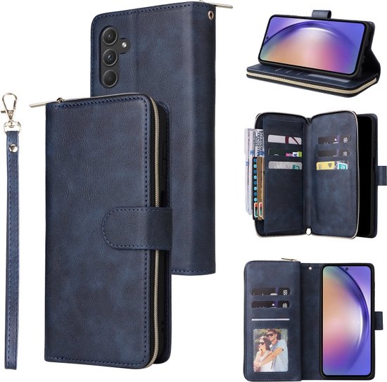 Foto: Telefoonhoesje geschikt voor samsung galaxy a55 portemonnee met rits book case hoesje ruimte voor 9 pasjes blauw