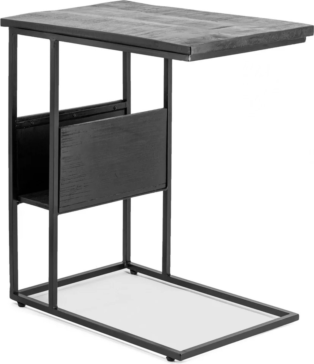 Bijzettafel van Mangohout Zwart - Magazijnhouder - Hout Metaal - 55 cm hoog