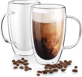 Glozini Dubbelwandig Koffieglas - 450ml - Set van 2 - Dubbelwandig Glas met Oor