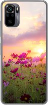 Geschikt voor Xiaomi Redmi Note 10 hoesje - Zonsondergang - Bloemen - Roze - Natuur - Groen - Siliconen Telefoonhoesje