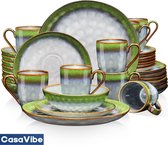CasaVibe Serviesset – 32 delig – 8 persoons –Porselein - Luxe – Bordenset – Dinner platen – Dessertborden - Kommen - Mokken - Set - Groen - Wit