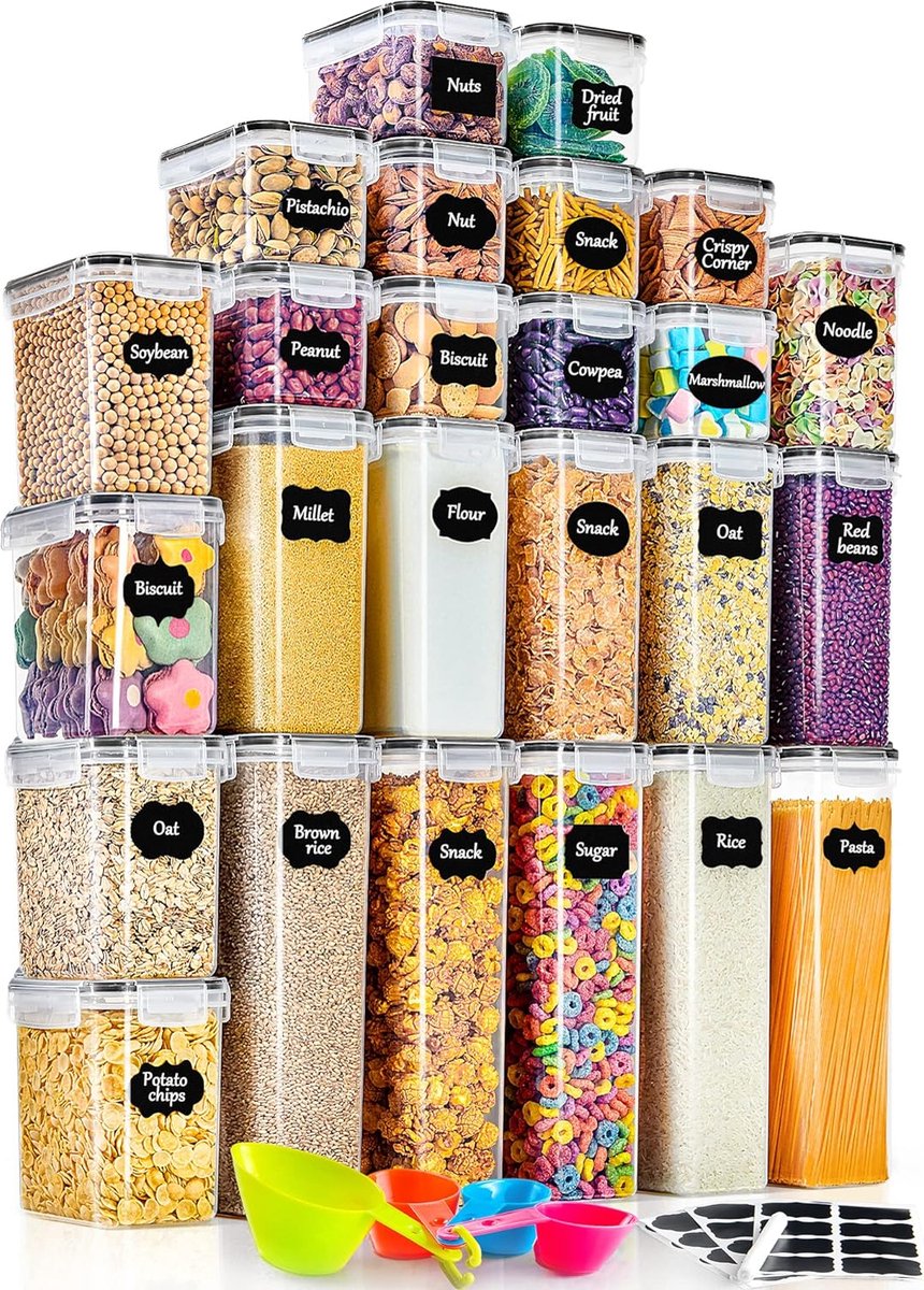 Voorraaddoos, 25-delige set, luchtdichte keukenorganizer van kunststof, met deksel, geschikt om muesli, meel, koffiebonen, cornflakes, spaghetti e.d. in te bewaren, formaat: 2,8 l, 2 l, 1,4 l, 0,8 l