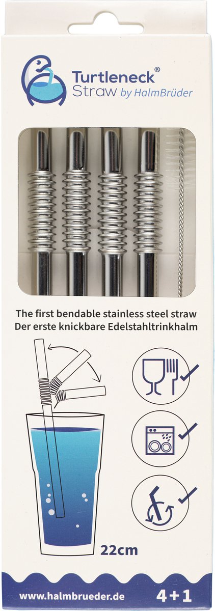 Turtleneck - Rietje Buigbaar Roestvrijstaal 22cm Set van 4 Stuks + Schoonmaakborstel - Roestvast Staal - Zilver -