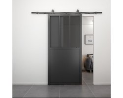 Stalen schuifdeur - Loft - 3 vaks rookglas - kickplate - 215 x 100 cm
