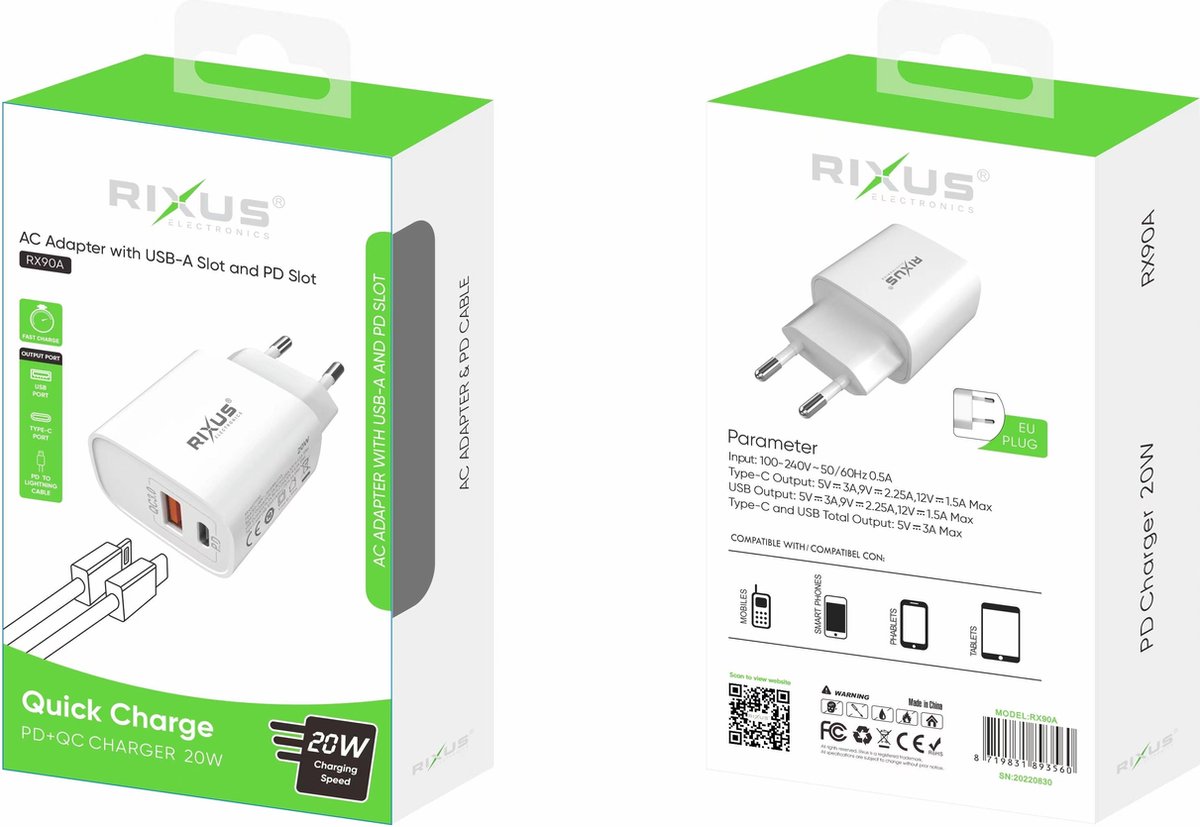 Rixus - iPad/iPhone - oplader + USB naar Lightning kabel - Snelle oplader USB naar Lightning en USB Slot 20W