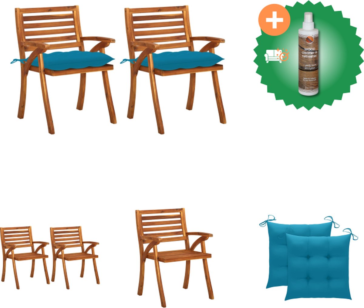 VidaXL Eetkamerstoelen Massief acaciahout Blauwe kussens 59x59x87 cm Montage vereist Tuinstoel Inclusief Houtreiniger en verfrisser