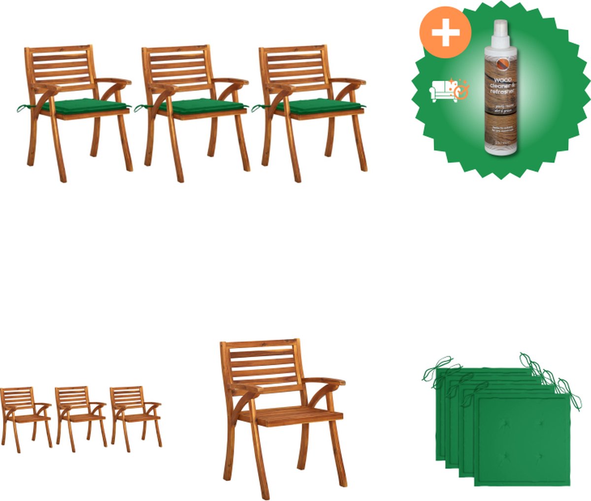 VidaXL Eetkamerstoelen Acacia 59 x 59 x 87 cm Groene kussens Tuinstoel Inclusief Houtreiniger en verfrisser
