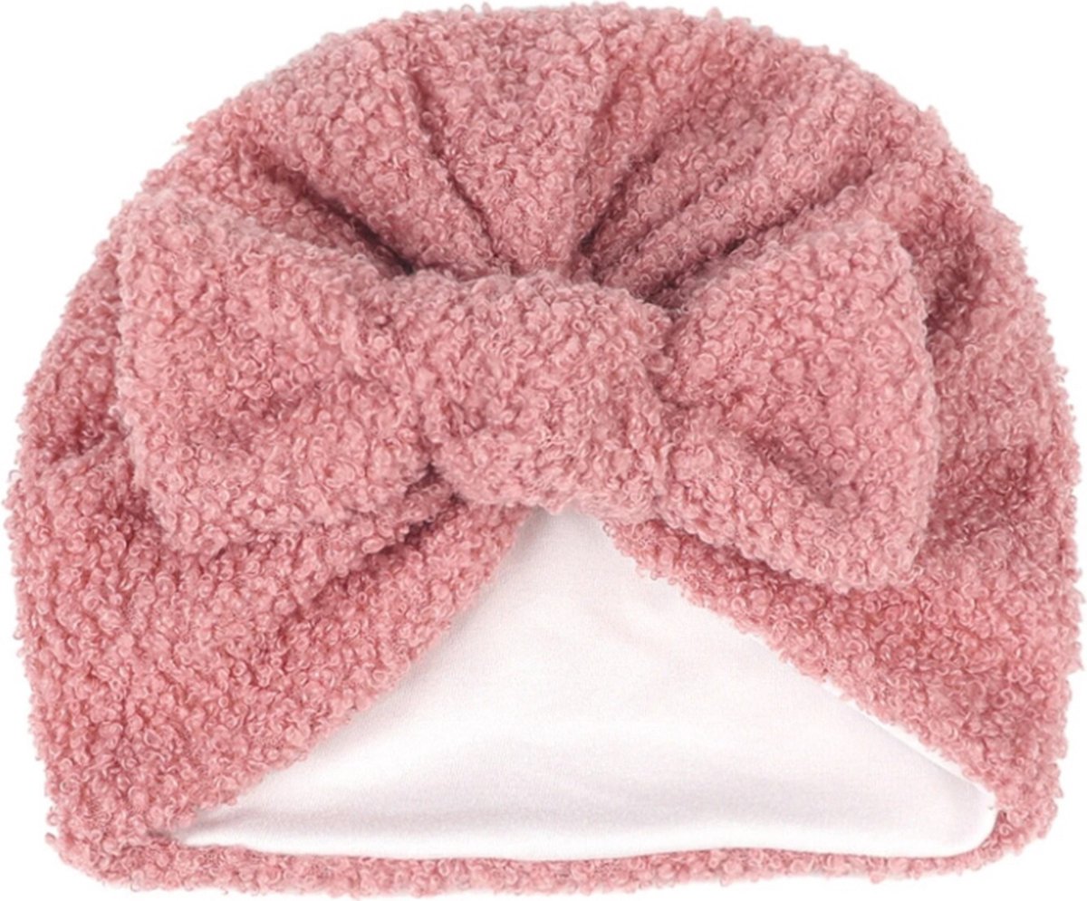 Goedkoopste baby muts roze - teddy - meisje - strik - kraamcadeau - winter - muts - turban