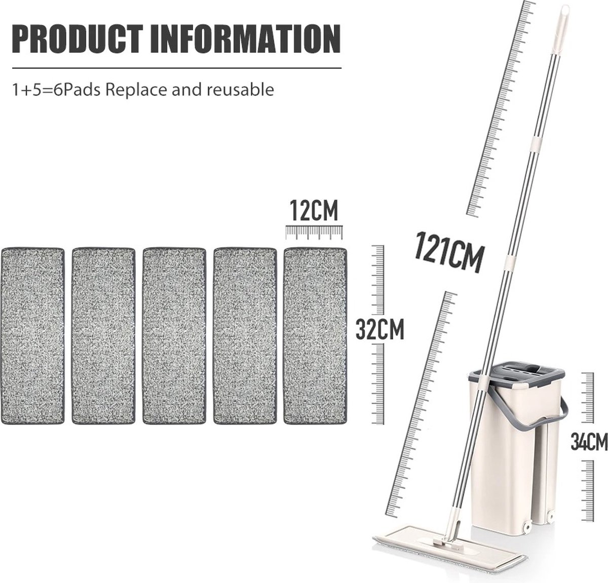 Goedkoopste Beige Dweilsysteem Set - Vloerwisser met Emmer Wringer - RVS Verstelbaar Dweil - 6x Dweildoeken - Vloerwissers alle Vloeren - Dweil Set voor Makkelijk Vloerreiniging - Handige Mop - Emmer met 2 Zijden voor Nat & Droog - Beige