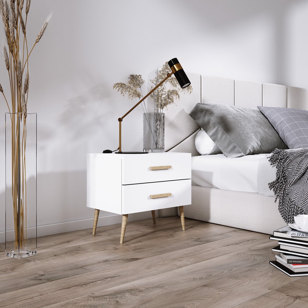 Meubel Square - Nachtkastje SINDI 2 - Set van 2 - Wit - Eiken - Scandinavische stijl
