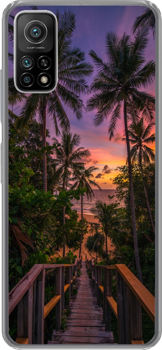 Telefoonhoesje Geschikt voor Xiaomi Mi 10T 5G hoesje - Zonsondergang - Palmbomen - Strand - Siliconen Telefoonhoesje Telefoonhoesje