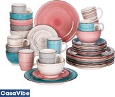 CasaVibe Serviesset – 32 delig – 8 persoons –Porselein - Luxe – Bordenset – Dinner platen – Dessertborden - Kommen - Mokken - Set - Roze - Wit - Blauw - Multi Color
