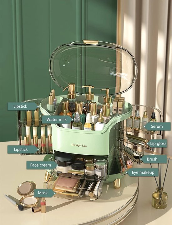 Make-up organizer - Sierraden opbergdoos - opbergbox voor cosmetica - Beautycase - met stofdicht deksel - beauty-organizer met 8 opbergruimtes en draaggreep - Wit