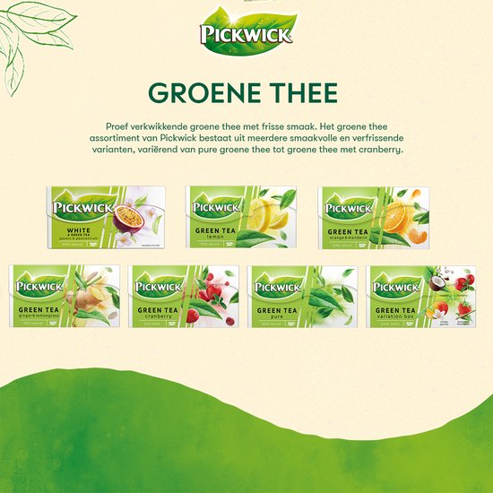 Pickwick Groene thee assortiment met smaken zoals cranberry, citroen en sinaasappel.