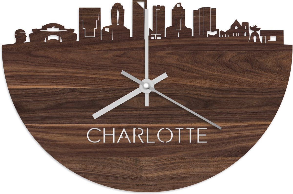 Skyline Klok Charlotte Notenhout - Ø 40 cm - Stil uurwerk - Wanddecoratie - Meer steden beschikbaar - Woonkamer idee - Woondecoratie - City Art - Steden kunst - Cadeau voor hem - Cadeau voor haar - Jubileum - Trouwerij - Housewarming - WoodWideCities