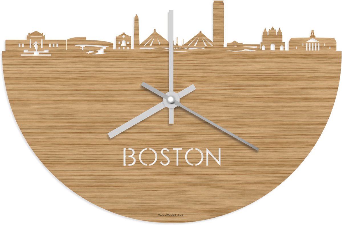 Skyline Klok Boston Bamboe hout - Ø 40 cm - Stil uurwerk - Wanddecoratie - Meer steden beschikbaar - Woonkamer idee - Woondecoratie - City Art - Steden kunst - Cadeau voor hem - Cadeau voor haar - Jubileum - Trouwerij - Housewarming - WoodWideCities