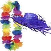 Toppers in concert - Carnaval verkleedset - Tropical Hawaii party - strohoed blauw - en volle bloemenslinger multi colours - voor dames