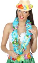 Carnaval verkleed set - Tropische Hawaii party - bloemen band strohoedje - en bloemenkrans blauw - voor volwassenen