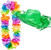 Toppers in concert - Carnaval verkleedset - Tropical Hawaii party - strohoed groen - en volle bloemenslinger multi colours - voor dames