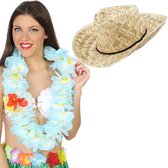 Carnaval verkleed set - Tropische Hawaii party - strohoed - met volle bloemenslinger in paars - voor volwassenen